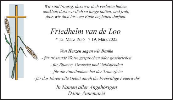 Traueranzeige von Friedhelm van de Loo von NNA