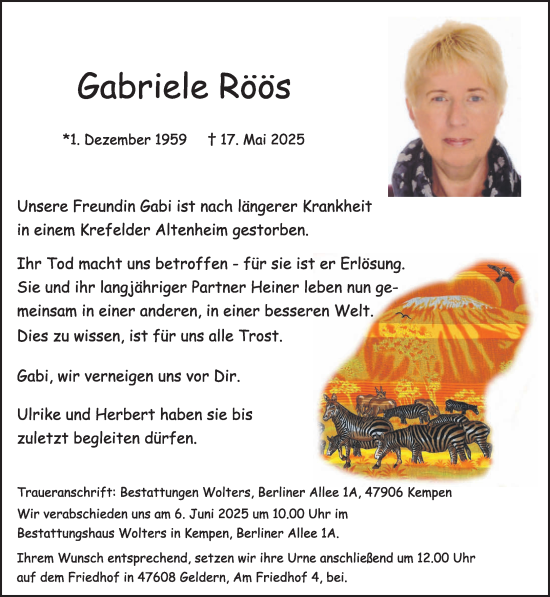 Traueranzeige von Gabriele Röös von NNA