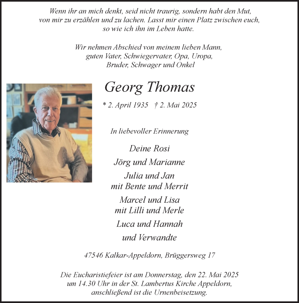  Traueranzeige für Georg Thomas vom 17.05.2025 aus NNA