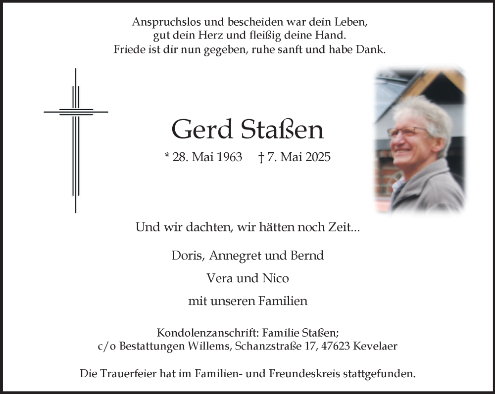  Traueranzeige für Gerd Staßen vom 17.05.2025 aus NNA
