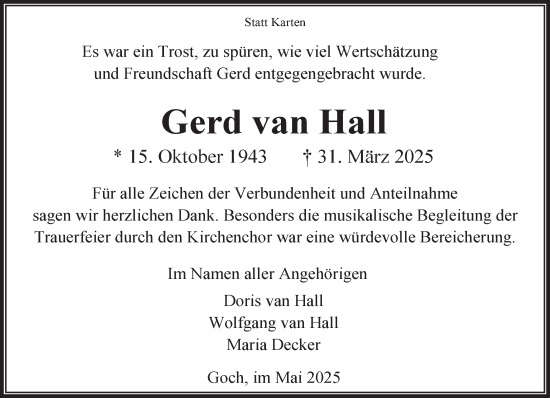 Traueranzeige von Gerd van Hall von NNA