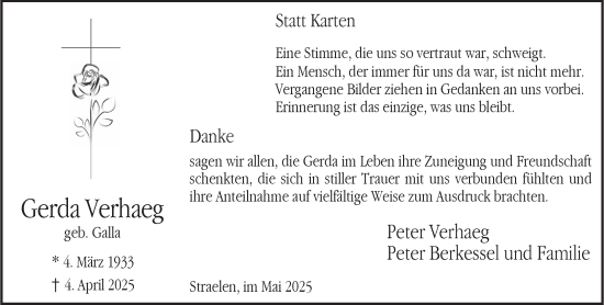 Traueranzeige von Gerda Verhaeg von NNA