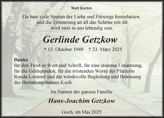 Traueranzeige von Gerlinde Getzkow von NNA