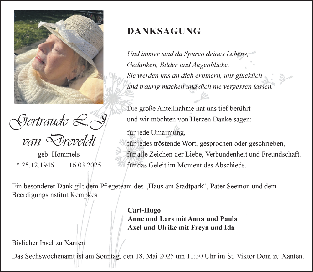  Traueranzeige für Gertraude van Dreveldt vom 17.05.2025 aus NNA