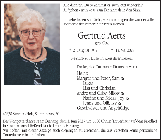 Traueranzeige von Gertrud Aerts von NNA
