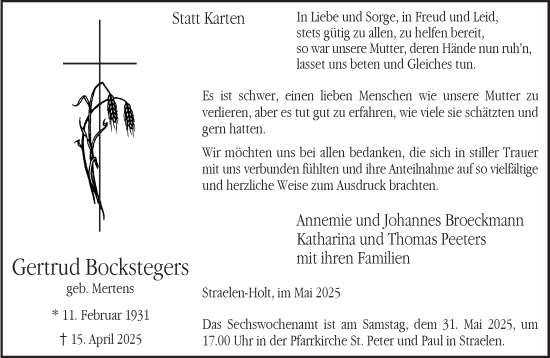 Traueranzeige von Gertrud Bockstegers von NNA