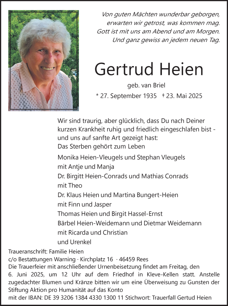  Traueranzeige für Gertrud Heien vom 31.05.2025 aus NNA