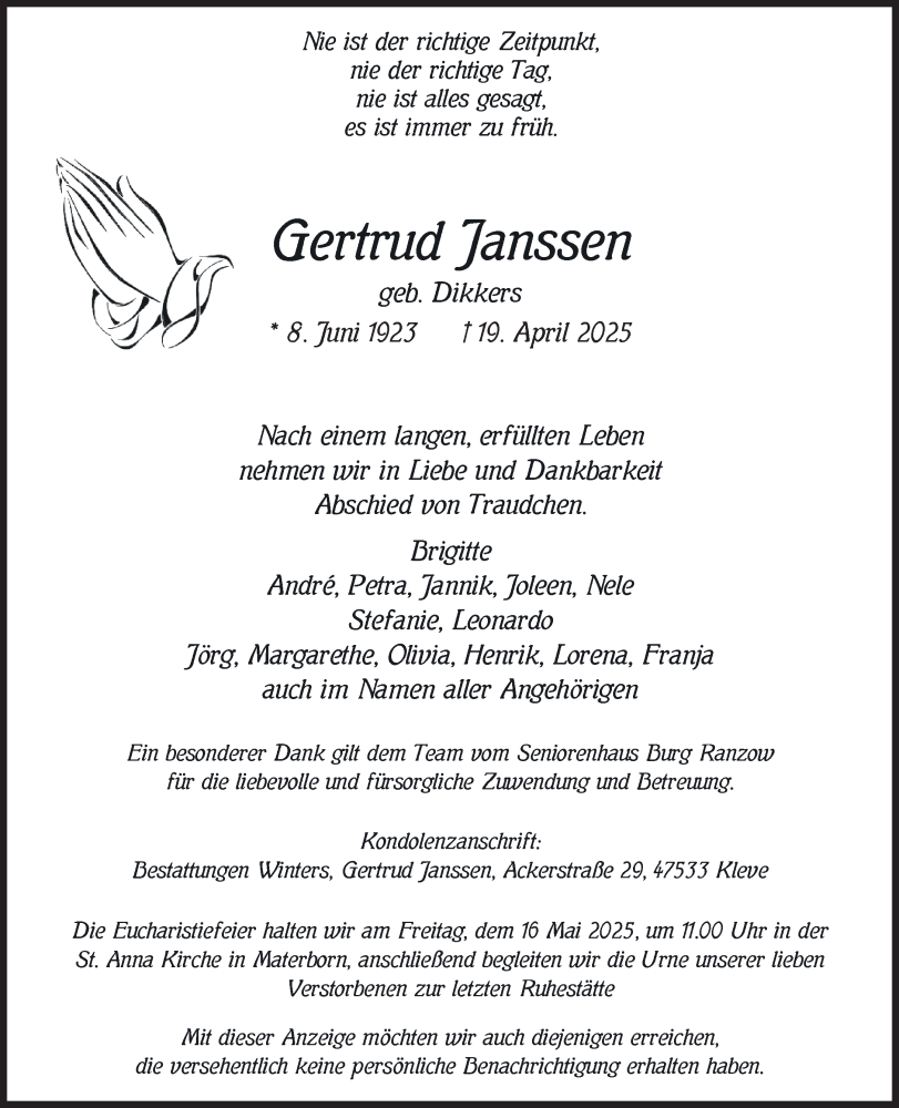  Traueranzeige für Gertrud Janssen vom 10.05.2025 aus NNA