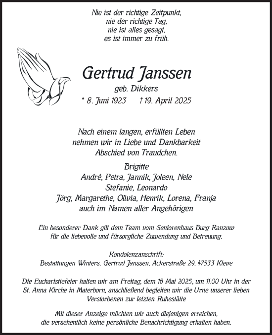 Traueranzeige von Gertrud Janssen von NNA