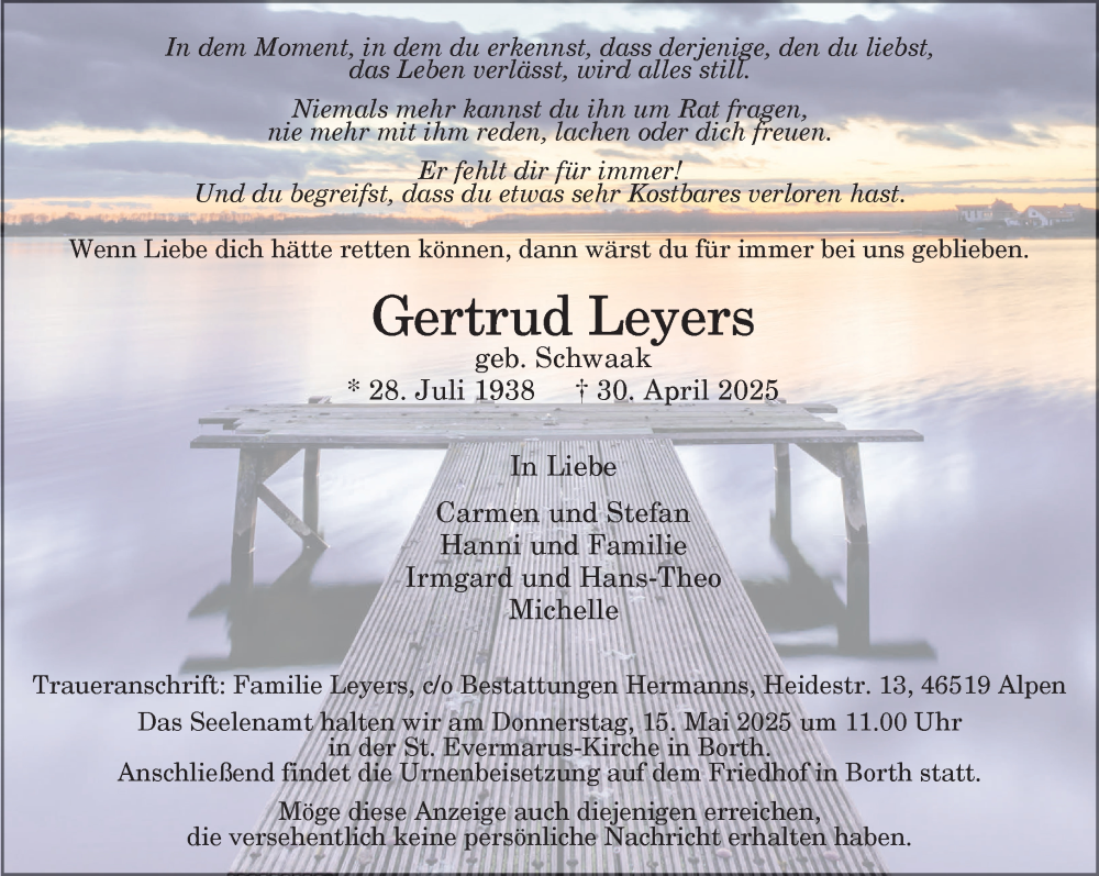  Traueranzeige für Gertrud Leyers vom 07.05.2025 aus NNA