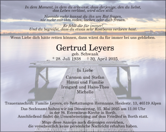 Traueranzeige von Gertrud Leyers von NNA