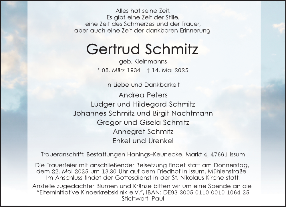  Traueranzeige für Gertrud Schmitz vom 21.05.2025 aus NNA