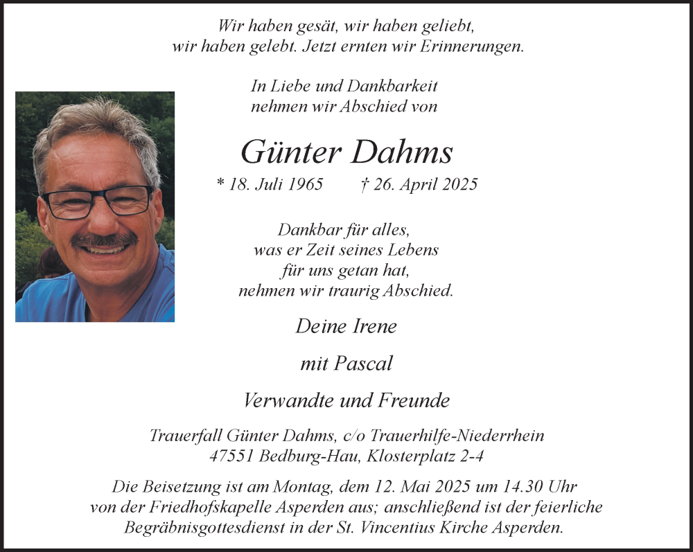  Traueranzeige für Günter Dahms vom 10.05.2025 aus NNA