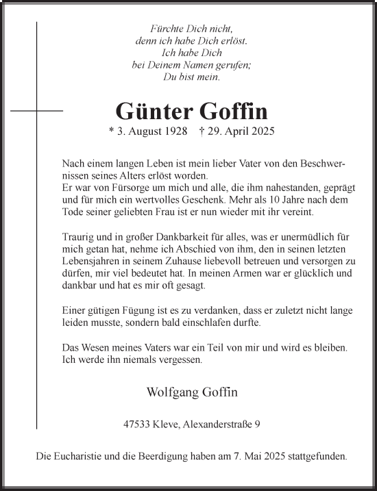Traueranzeige von Günter Goffin von NNA