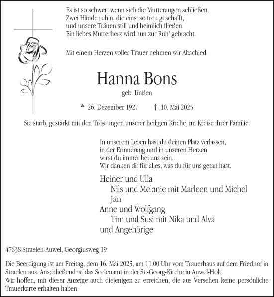 Traueranzeige von Hanna Bons von NNA