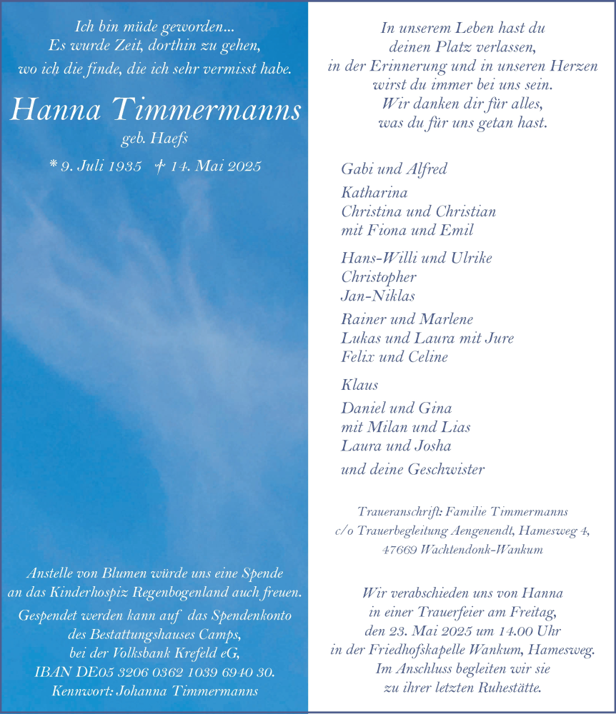  Traueranzeige für Hanna Timmermanns vom 21.05.2025 aus NNA