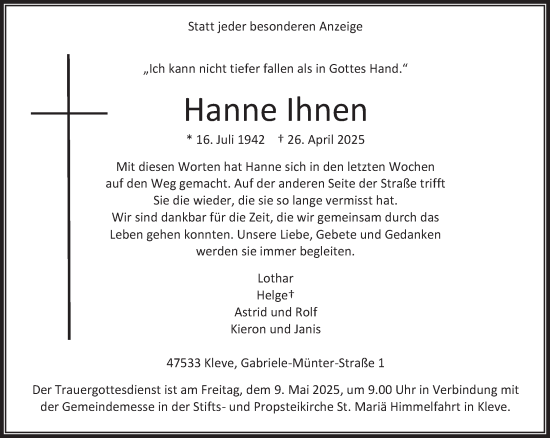 Traueranzeige von Hanne Ihnen von NNA