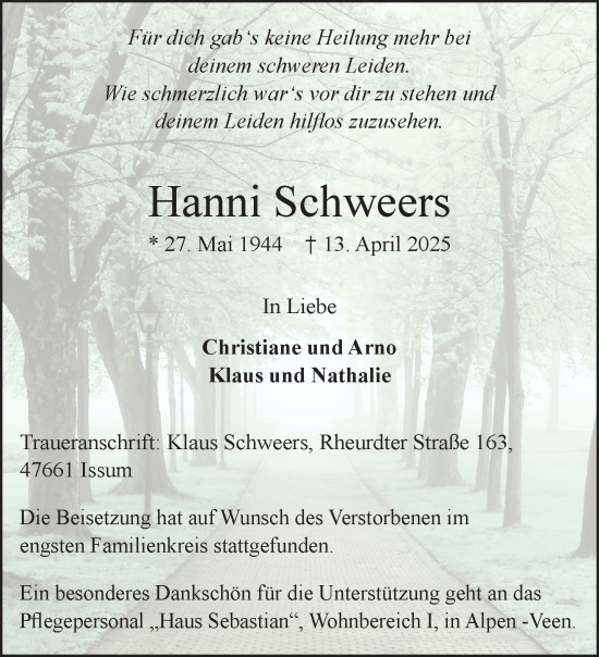 Traueranzeige von Hanni Schweers von NNA