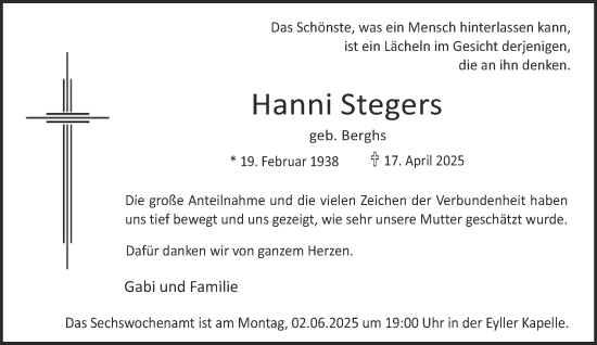 Traueranzeige von Hanni Stegers von NNA