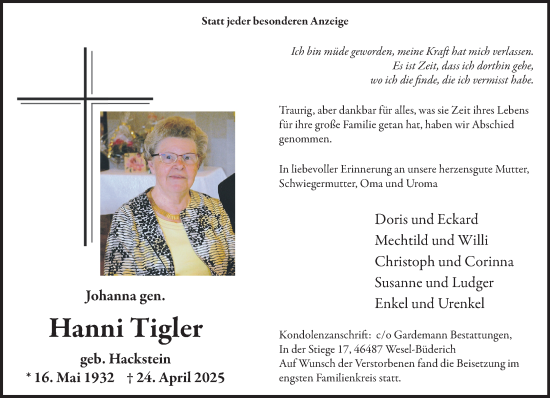 Traueranzeige von Hanni Tigler von NNA