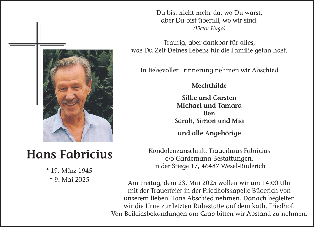  Traueranzeige für Hans Fabricius vom 21.05.2025 aus NNA