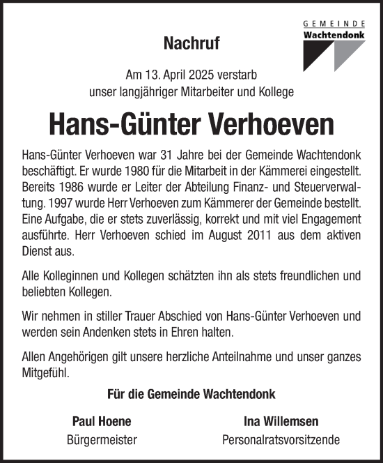 Traueranzeige von Hans-Günter Verhoeven von NNA