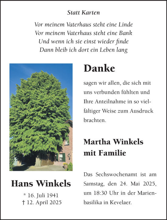 Traueranzeige von Hans Winkels von NNA