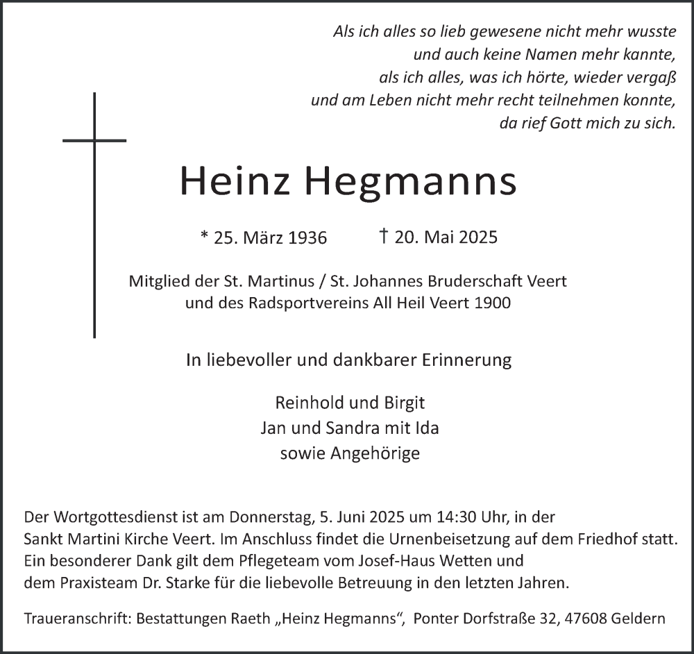  Traueranzeige für Heinz Hegmanns vom 24.05.2025 aus NNA