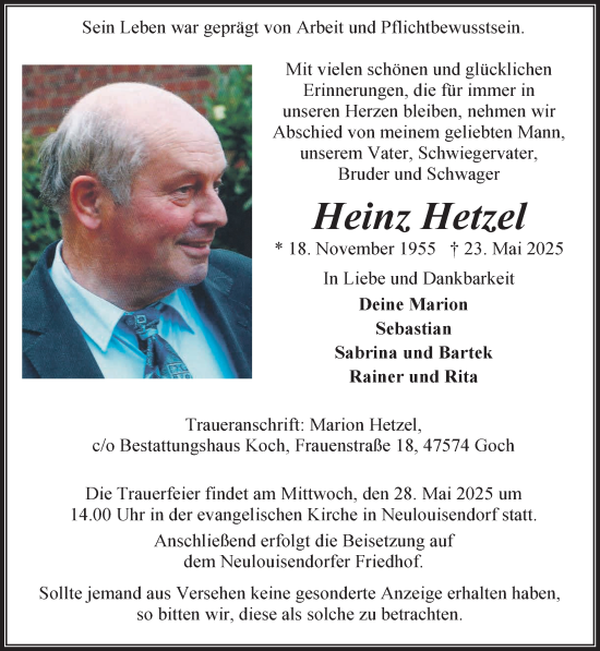 Traueranzeige von Heinz Hetzel von NNA