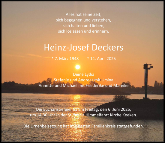 Traueranzeige von Heinz-Josef Deckers von NNA