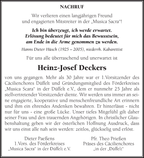 Traueranzeige von Heinz-Josef Deckers von NNA