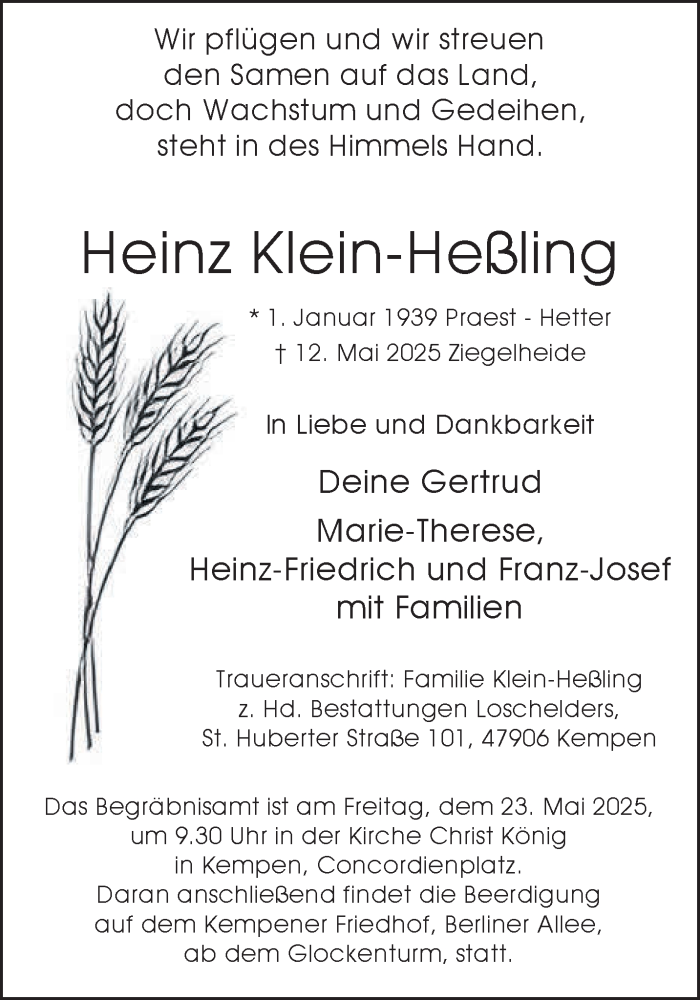  Traueranzeige für Heinz Klein-Heßling vom 17.05.2025 aus NNA