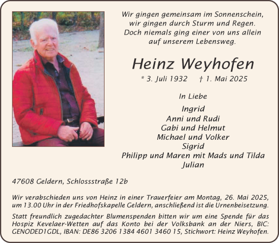 Traueranzeige von Heinz Weyhofen von NNA
