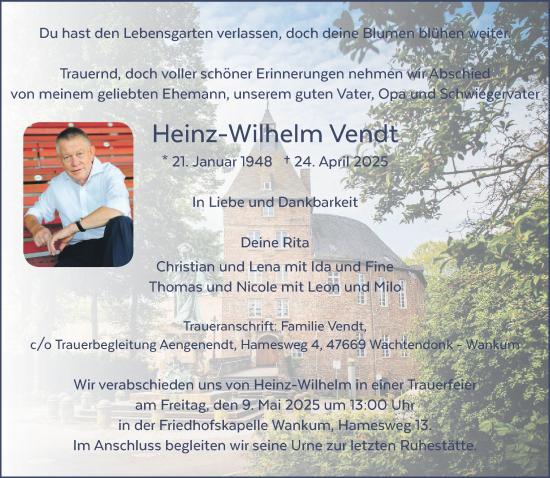 Traueranzeige von Heinz-Wilhelm Vendt von NNA