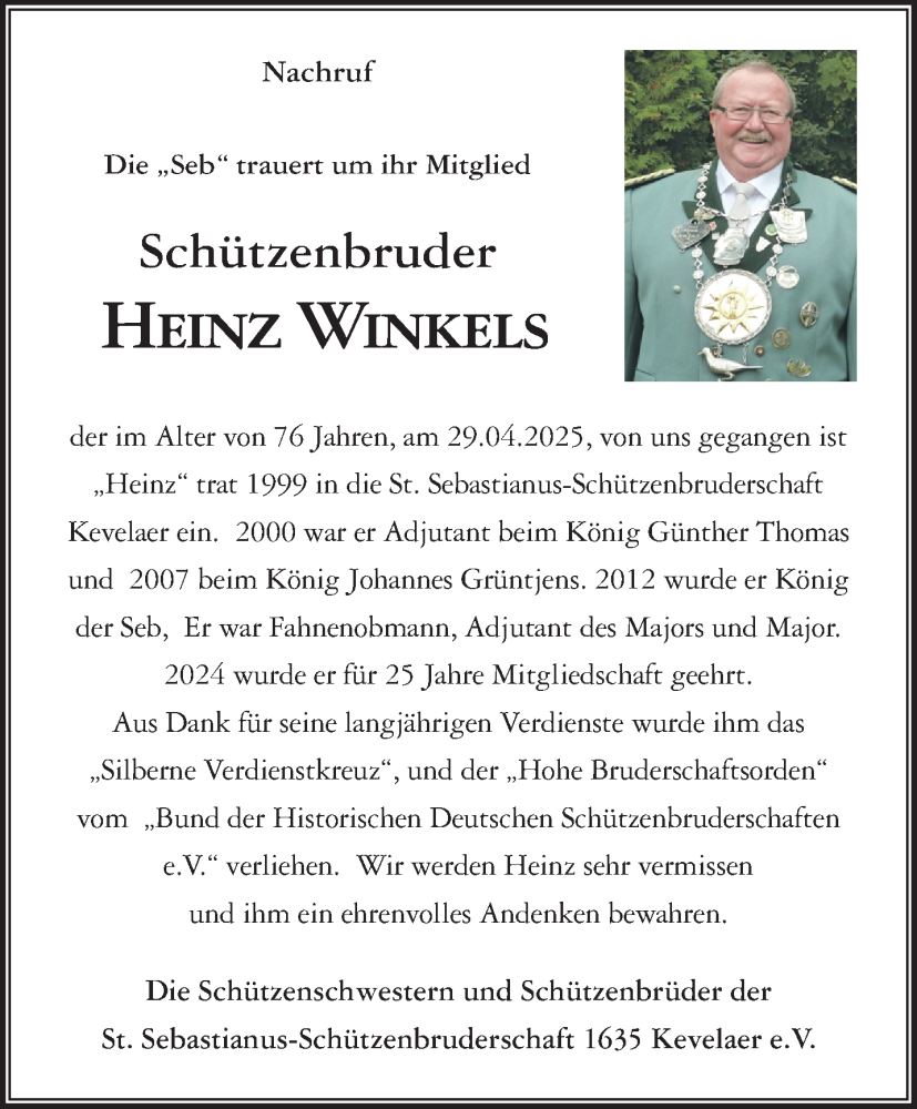  Traueranzeige für Heinz Winkels vom 24.05.2025 aus NNA
