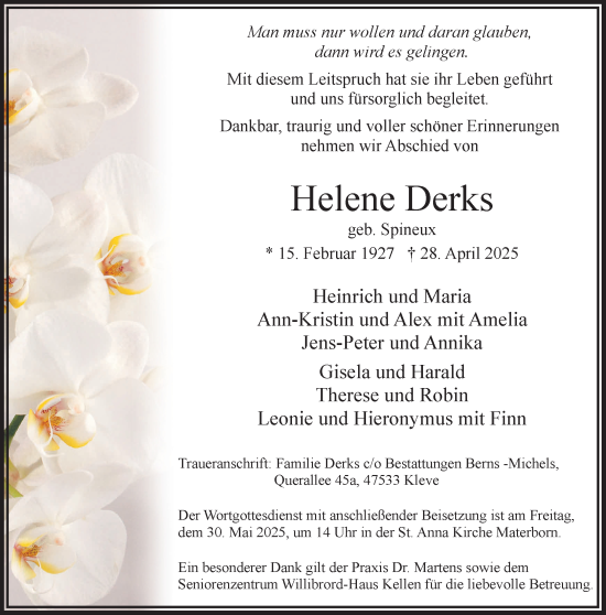 Traueranzeige von Helene Derks von NNA