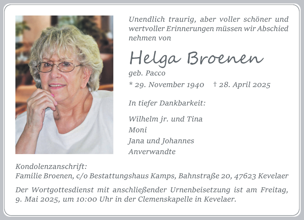  Traueranzeige für Helga Broenen vom 07.05.2025 aus NNA