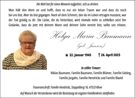 Traueranzeige von Helga Maria Baumann von NNA