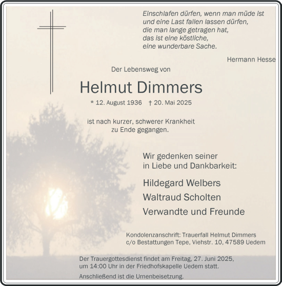 Traueranzeige von Helmut Dimmers von NNA