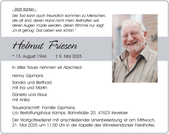Traueranzeige von Helmut Friesen von NNA