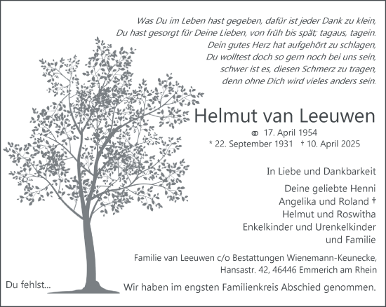 Traueranzeige von Helmut van Leeuwen von NNA