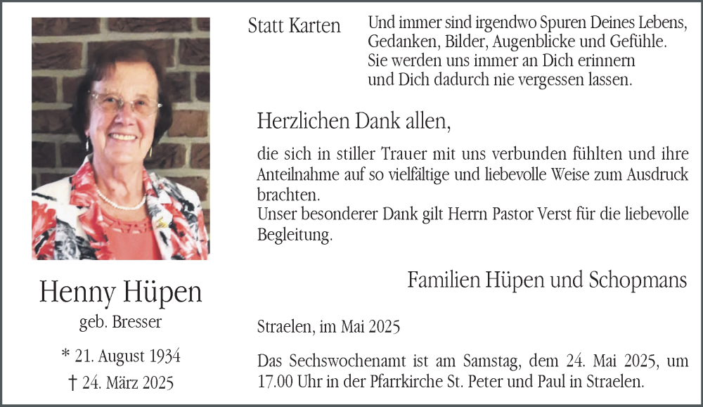  Traueranzeige für Henny Hüpen vom 17.05.2025 aus NNA