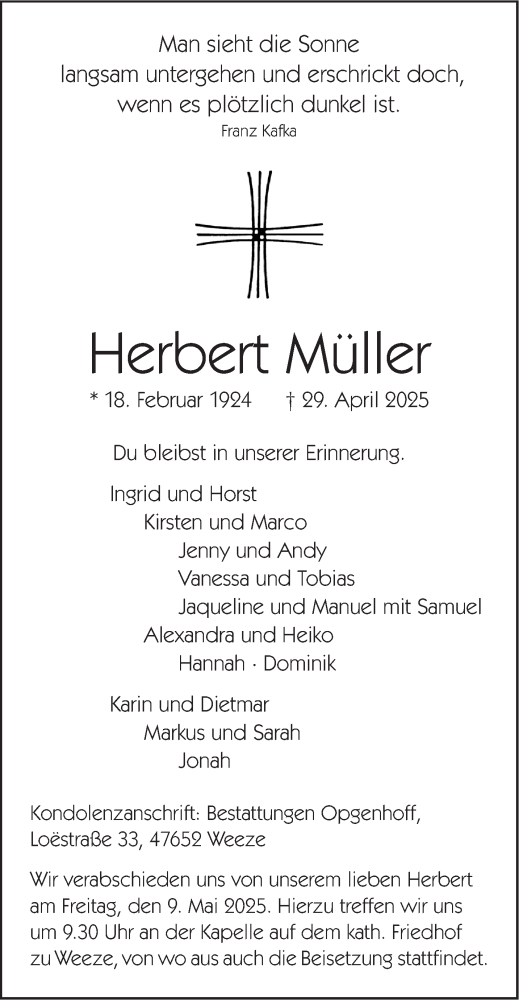  Traueranzeige für Herbert Müller vom 07.05.2025 aus NNA