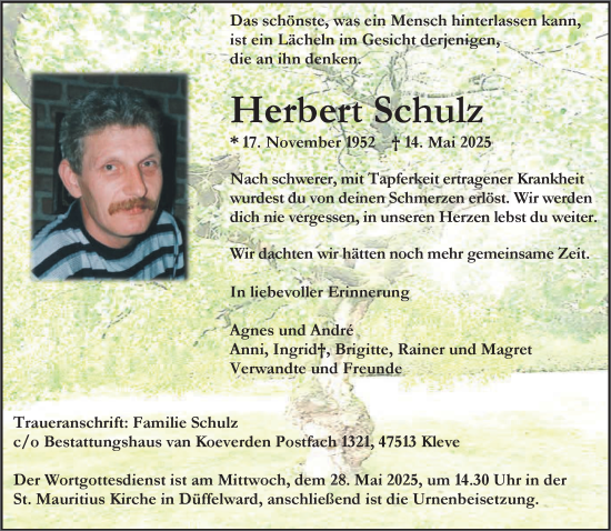 Traueranzeige von Herbert Schulz von NNA