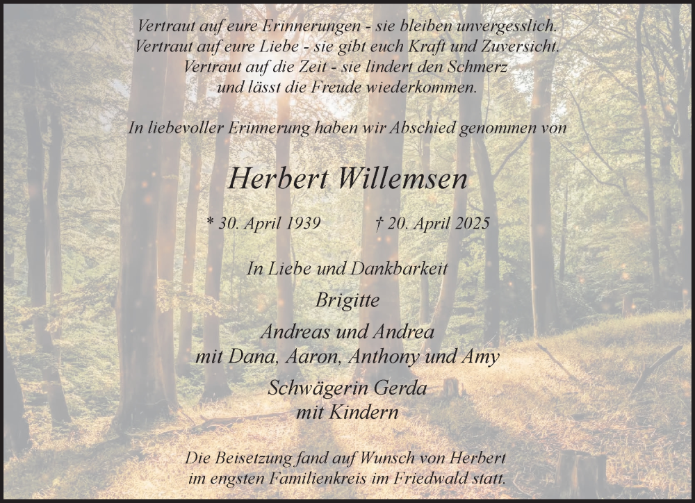  Traueranzeige für Herbert Willemsen vom 17.05.2025 aus NNA