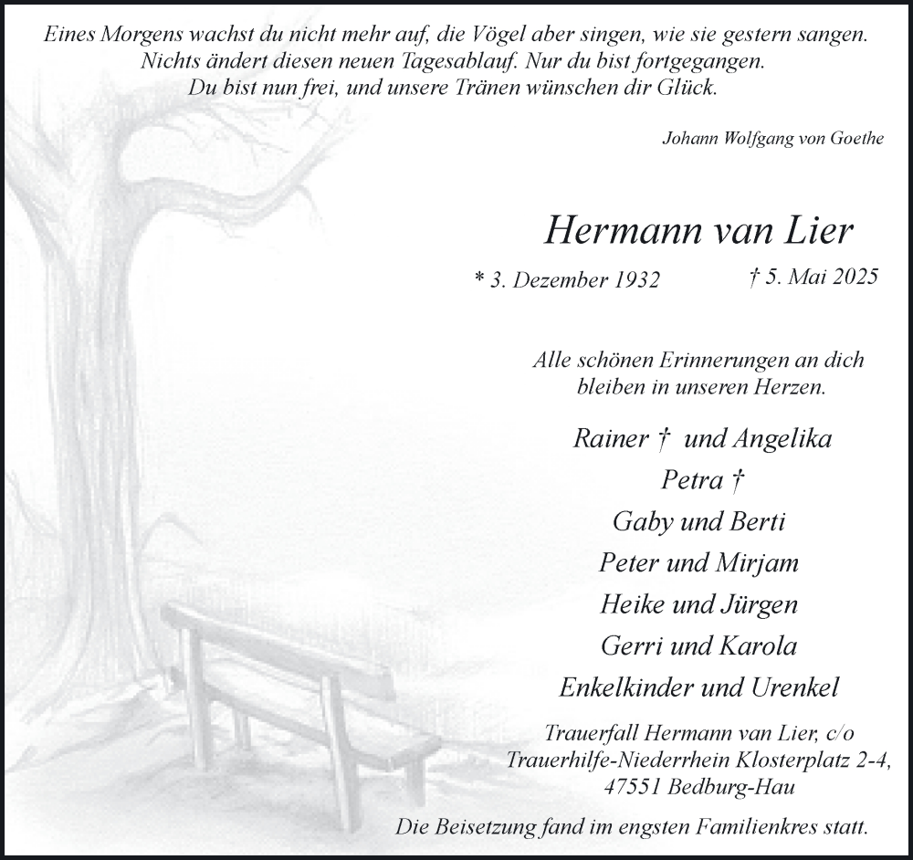  Traueranzeige für Hermann van Lier vom 17.05.2025 aus NNA