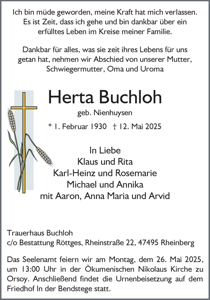  Traueranzeige für Herta Buchloh vom 21.05.2025 aus NNA