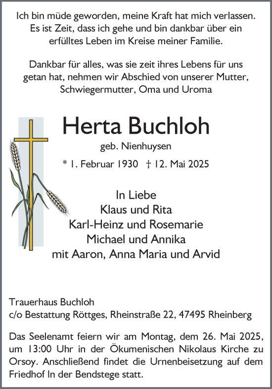 Traueranzeige von Herta Buchloh von NNA