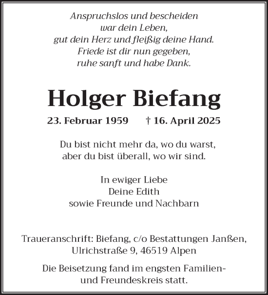 Traueranzeige von Holger Biefang von NNA
