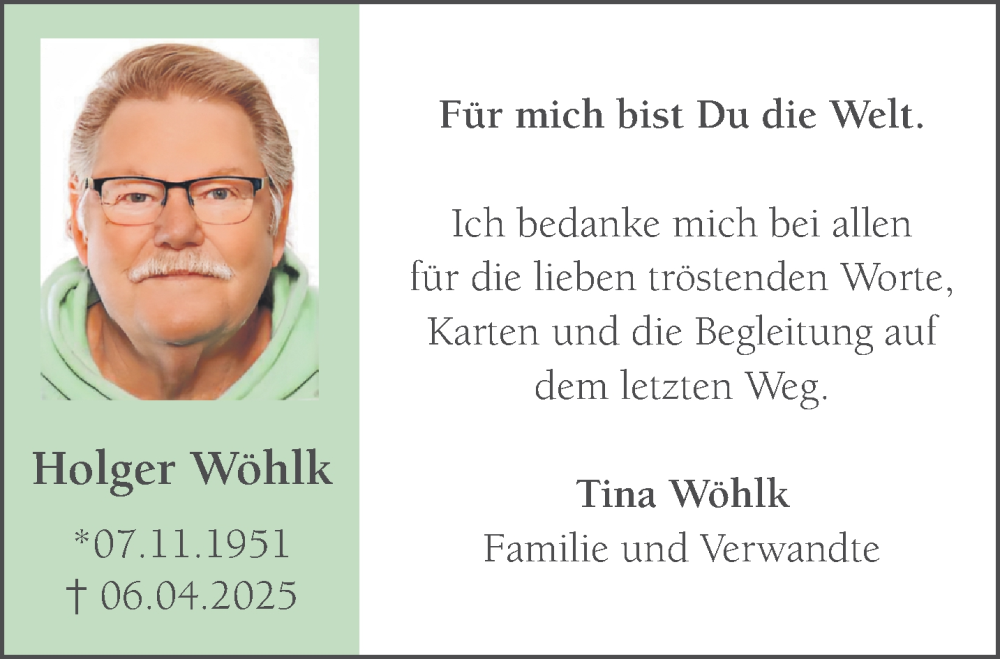  Traueranzeige für Holger Wöhlk vom 31.05.2025 aus NNA